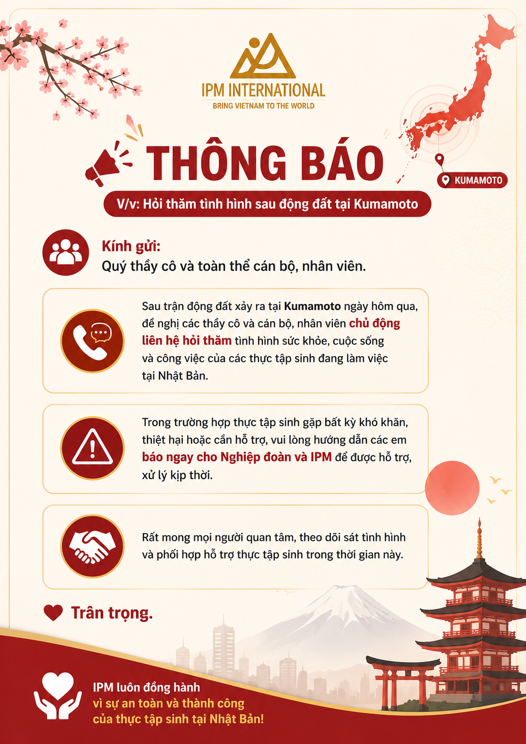 THÔNG BÁO V/v: Hỏi thăm tình hình sau động đất tại Kumamoto